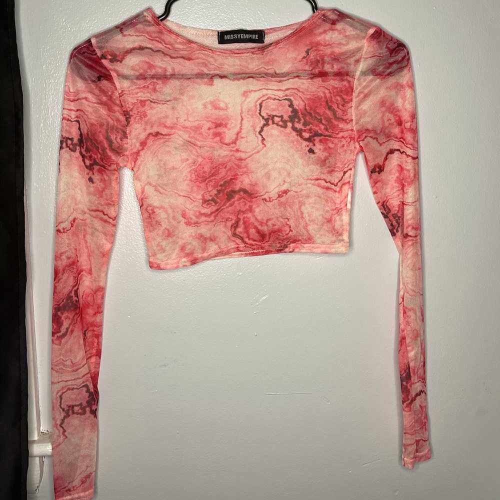 Pink Marble Print Long Sleeve Mesh Crop Top